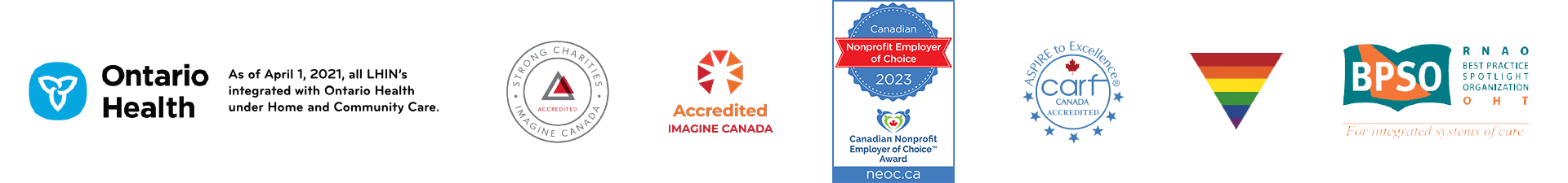 Ontario Health, Imagine Canada, Nonprofit Employer of Choice (NEOC) Award, Commission on Accreditation of Rehabilitation Facilities (CARF), Best Practice Spotlight Organizations (BPSO) Logos